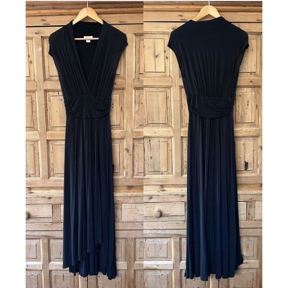 Maeve‎ Anthropologie Size Small Black Maxi Dress  V-Neck Low Cut Cinching Slit